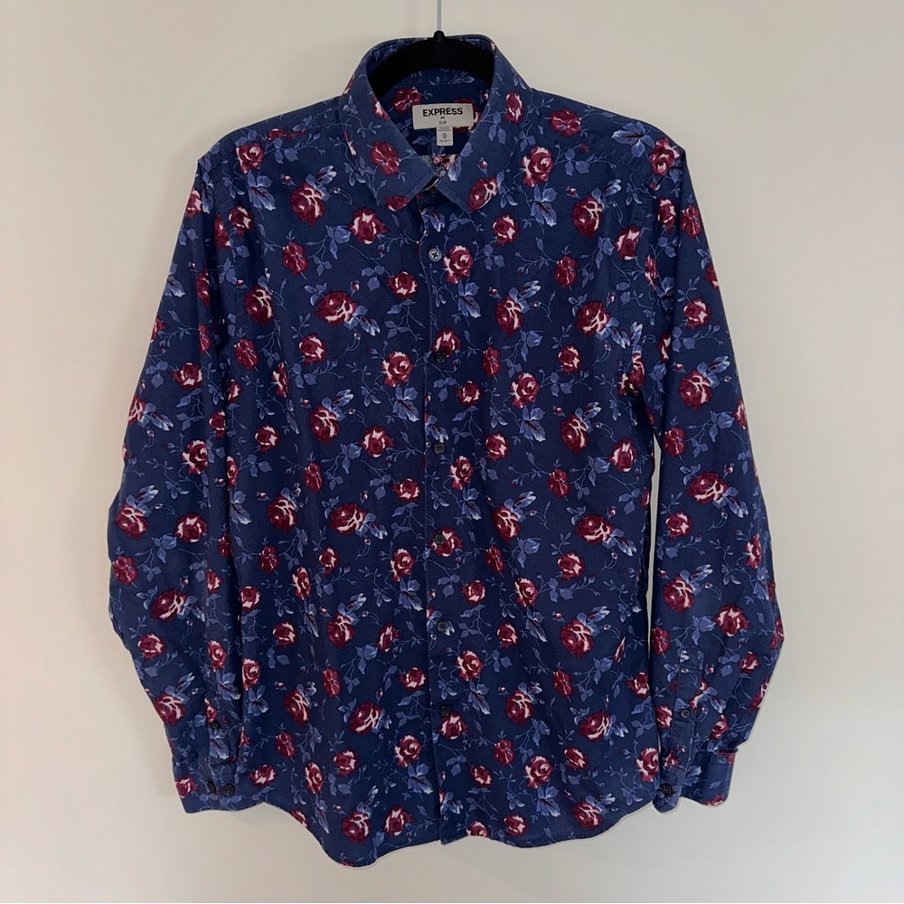 Express Medium Men’s Dress Shirt, Navy Blue and Maroon Red Floral